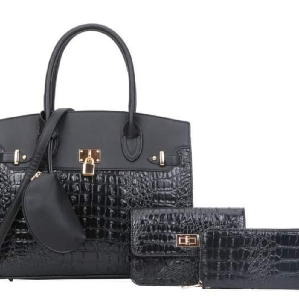 Black Color 4 IN 1 Crocodile Embossed Padlock Accent Satchel
